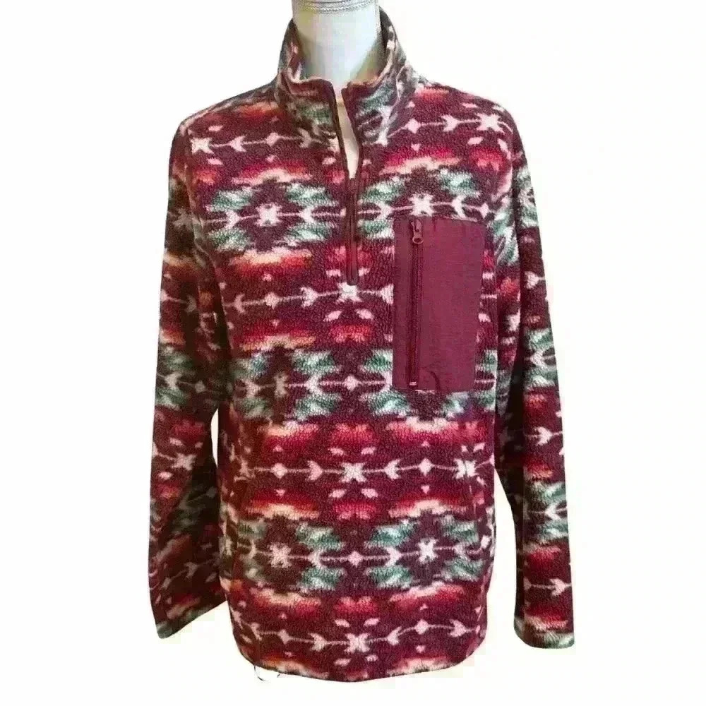 Women’s PacSun Fleece - Burgundy w/ Multicolor - 1/4 Zip - Size Small